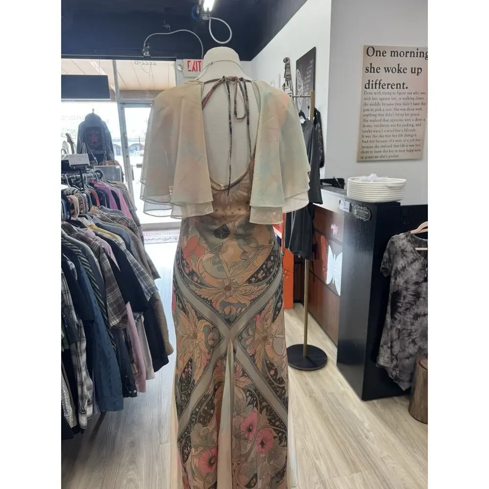 Free People Fairy Combo Floral Chiffon Maxi Dress Pink Flutter Sleeve Size M